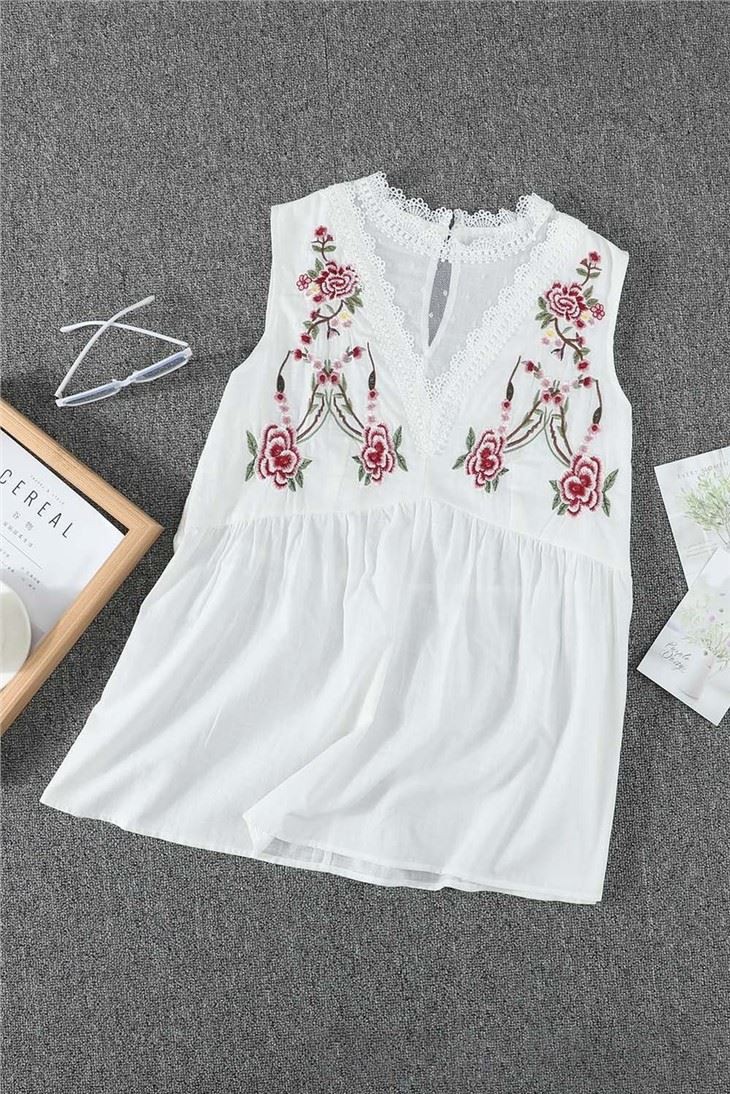 Ladies White Embroidered Crochet Babydoll Blouse